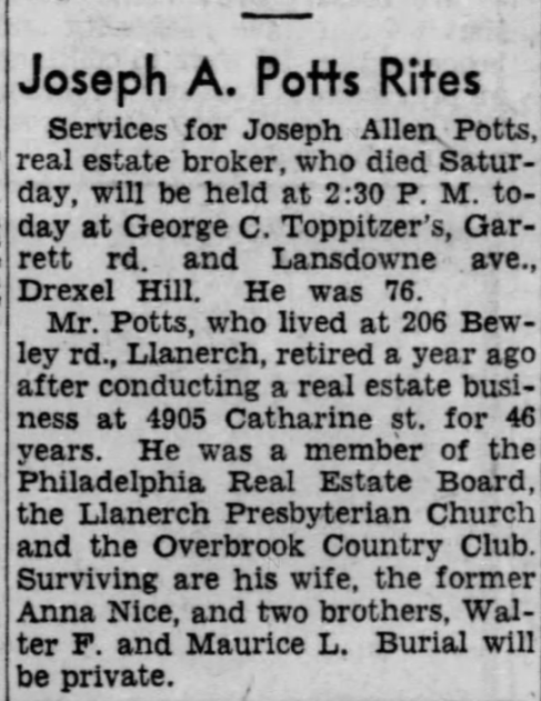 Joseph Potts dies
